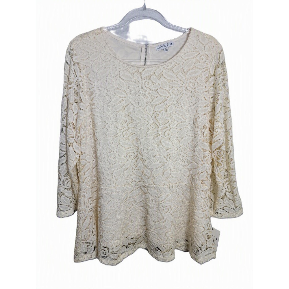 Ophelia Roe Womens 1X Lace Peplum Top Cream Ivory Floral 3/4 Sleeve NWT